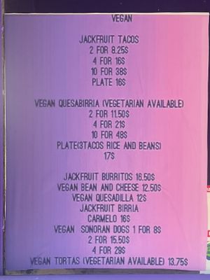 Vegan menu  at Taco Stop in Tucson