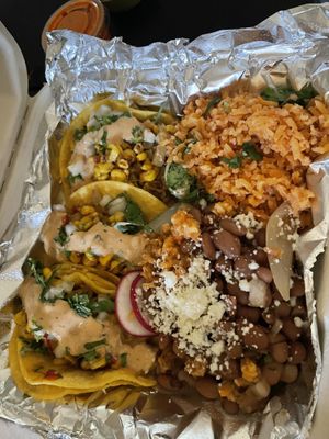 Corn and potato street taco plate with vegan aioli sauce with pinto beans(I forgot to ask for no cheese on the beans, cheese isn’t vegan) and rice  at El Halal Amigos in San Jose
