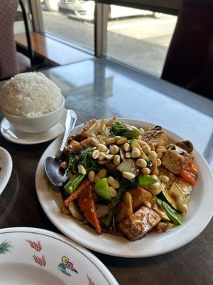 Kung pao tofu under the vegetarian menu. Let them know vegan and they’ll know exactly what to do    at Great China in Kirkland