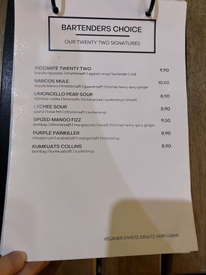 some of the cocktails + memo of "vegan egg alternative being available" at the bottom   at Twenty Two in Dresden