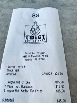 Receipt- before tax and tip  at Twist Hot Chicken in Peoria