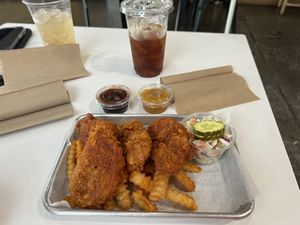 Vegan tender box with coleslaw. Grape chipotle dipping sauce. Root beer   at Twist Hot Chicken in Peoria