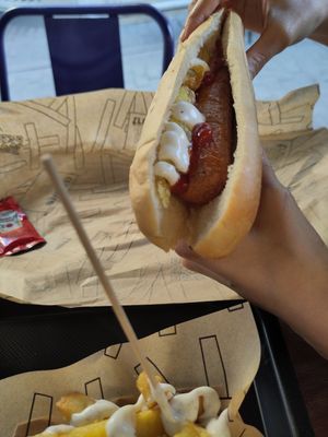 The simple Frankfurt sausage, with some fries and mayo added at Bendita Trumfa in Badalona