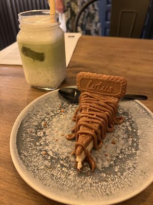 Cheesecake and a Macha latte   at Meet Vegano in Malaga