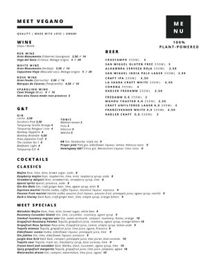 English drink menu (Page 2) at Meet Vegano in Malaga