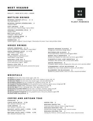 English drink menu (Page 1) at Meet Vegano in Malaga