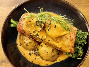 Tofu salmon with a crust  at Meet Vegano in Malaga