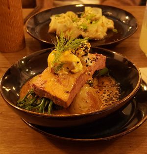 Broccolini salmon (actually tofu) was good at Meet Vegano in Malaga