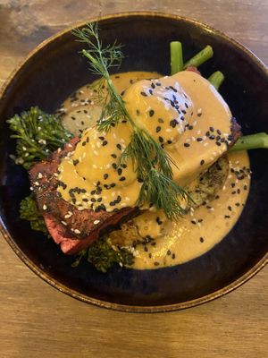 Salmon-like tofu with potatoes, broccoli and tasty cream   at Meet Vegano in Malaga