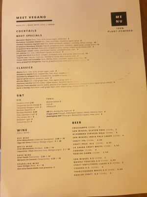 Menu drinks at Meet Vegano in Malaga