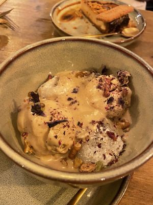 Fresh mochi with pistachio icecream and coconut espresso   at Meet Vegano in Malaga