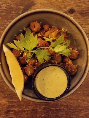 Deep fried olives with jalapeño mayo at Meet Vegano in Malaga