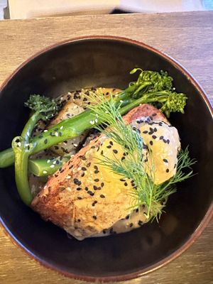 Salmon broccolini at Meet Vegano in Malaga