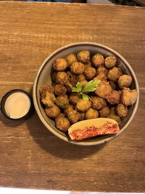 Fried olives! YUUUUM!! The sauce holds it own too kids!!  at Meet Vegano in Malaga