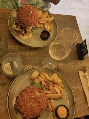 Burgers with fries at Meet Vegano in Malaga