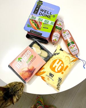 Vegan sausages, nuggets, "ham" sausage and "cheese" sauce at Veganfood.am in Yerevan