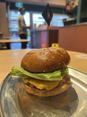 Peter with vegan cheese (vegan cheese maybe limited time)  at Huxtaburger Highgate in Highgate