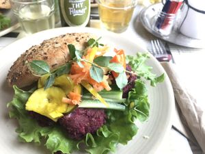 Beetroot burger, hommade and vegan  at Claudis Have in Lemvig