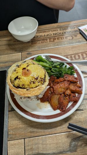 Vegetarian BBQ pork with egg (all vegan)😱on menu at Sin Sin Fong - 善膳坊 in Kowloon