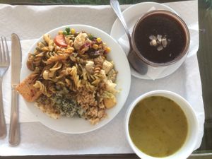 Soup, the small plate, chocolate mousse. at Salsa Verde in Evora