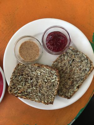 Toasted seeded bread w almond butter and jam at Queen Sally's Diamond Deli in Wellington