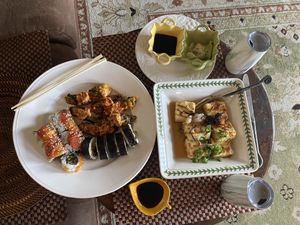 Gorgeous sushi dishes and delicious!!!!  at Tane Vegan Izakaya in Berkeley