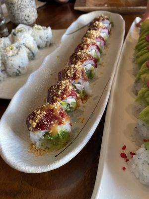 Speciality Rolls - Leahi (smoked beets, cashews, creamy tofu, asparagus, avocado, sweet mustard, orange zest)  at Tane Vegan Izakaya in Berkeley