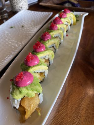 Speciality Rolls - Ewa (matcha salt seasoned enoki tempura avocado, smoked beet aioli, yuzu seaweed
pearls, truffle salt) our fav of the evening   at Tane Vegan Izakaya in Berkeley