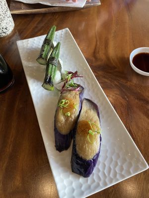 Nigiri - Okra (grilled, garlic oil, truffle salt) and Eggplant (marinated, saikyo miso, scallions)  at Tane Vegan Izakaya in Berkeley