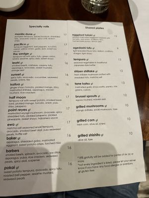 Menu  at Tane Vegan Izakaya in Berkeley