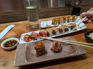 Kailua specialty roll in the front, Point Reyes in the back at Tane Vegan Izakaya in Berkeley