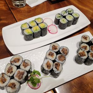 Shiitake sushi, avocado roll, Cucumber roll at Tane Vegan Izakaya in Berkeley