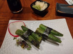 Okra nigiri. Delicious w Pickled ginger at Tane Vegan Izakaya in Berkeley