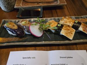 Eggplant Nigiri & Yuba nigiri at Tane Vegan Izakaya in Berkeley