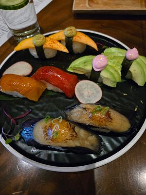 Mango, Peppers, avocado, and eggplant nigiri at Tane Vegan Izakaya in Berkeley