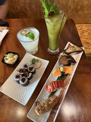 cocktails: tane mule, matcha yuzu(mocktail) and burdock roll and nigiri sampler  at Tane Vegan Izakaya in Berkeley