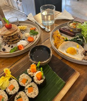 Vegan pancakes, sushi and egg 😍  at Alchemy in Ubud