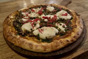 Spinach and mushroom pizza (cooked version, not the raw one)  at Alchemy in Ubud