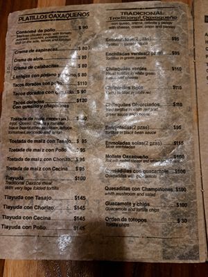 Food menu (1/2) Nov 2023 at Cafe Los Cuiles in Oaxaca