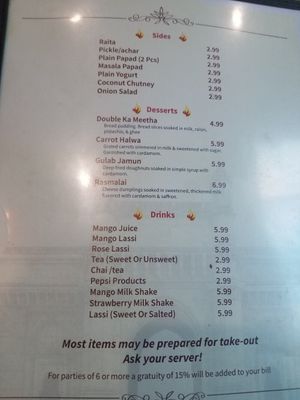 Last page of menu at Persis Indian Grill in Cookeville