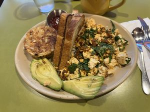 Tofu hash with added avocado. Specify no butter on toast  at Snooze in La Jolla