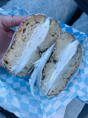 Everything bagel with vegan shmear at Pop's Bagels in Culver City