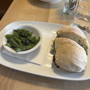 chile roasted mushroom sandwich with seasonal vegetable (peas w mint pesto)  at Duke's Alehouse and Kitchen in Crystal Lake