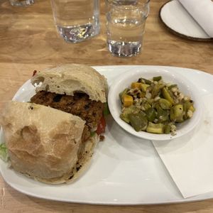 seitan burger special w seasonal squash vegetable side  at Duke's Alehouse and Kitchen in Crystal Lake