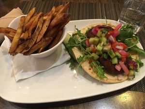 Falafel wrap with side of fries (vegan when taziki sauce is omitted) at Duke's Alehouse and Kitchen in Crystal Lake