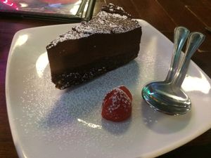 Vegan, GF Chocolate Cake. They also have great Conscious Cup Coffee! at Duke's Alehouse and Kitchen in Crystal Lake