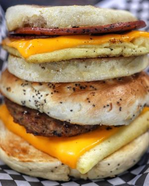 Simple Sammys! Just Egg, and Vevan Cheese with either beyond sausage or yves Canadian bacon on your choice of bagel or English muffin.  at Midtown Vegan Deli & Market in Tucson