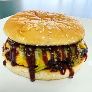 Green chili BBQ Burger. Speaks for itself. at Midtown Vegan Deli & Market in Tucson