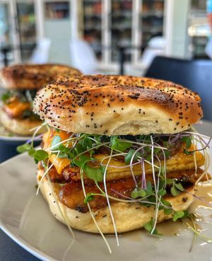 Death Free Foodies signature bagel Sammy. A little sweet, a little spice, a lot of perfection.  at Midtown Vegan Deli & Market in Tucson