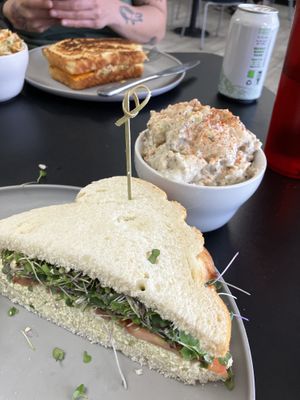 Egg salad sandwich, potato salad, tuna melt and a beer   at Midtown Vegan Deli & Market in Tucson